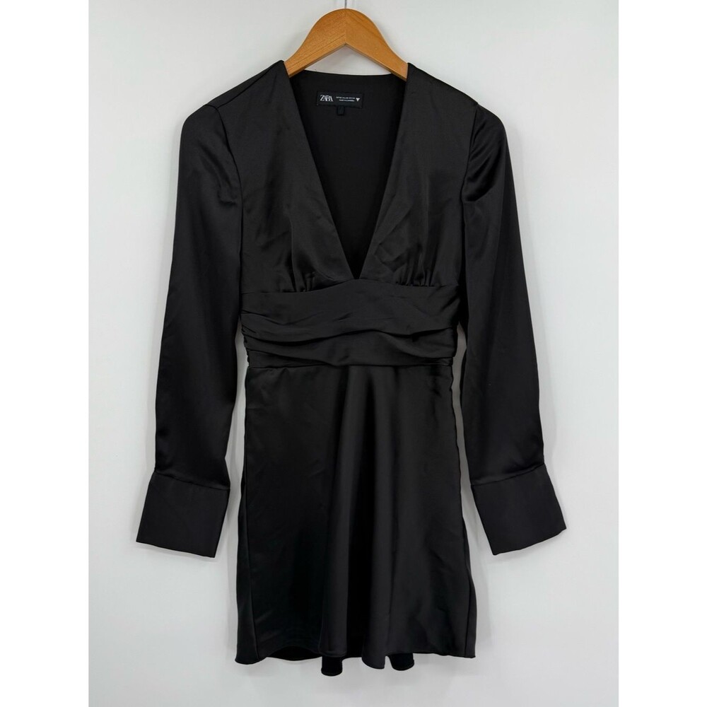 Zara Satin V-Neck Ruched Waist Mini Dress | Black | XS